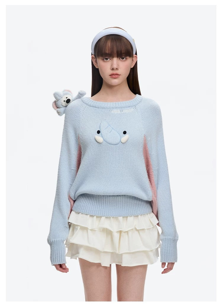13DE MARZO Elephant Bear Batwing Sweater Blue
