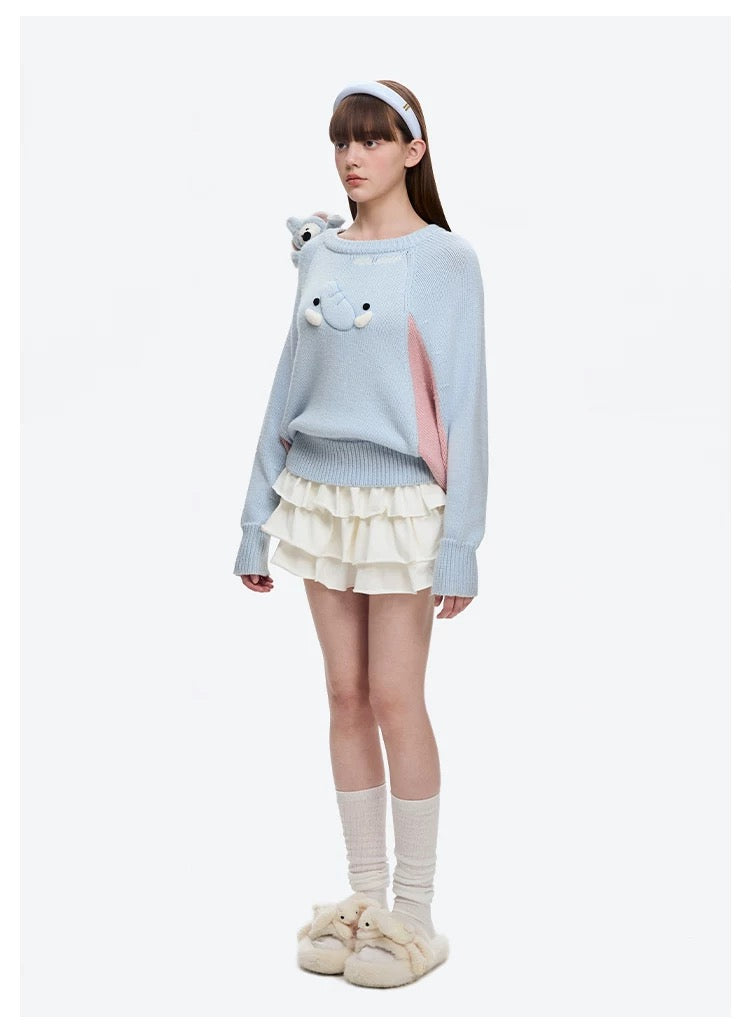 13DE MARZO Elephant Bear Batwing Sweater Blue