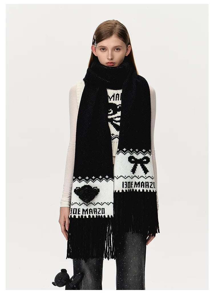 13DE MARZO Fair Isle Bear Knit Scarf Black