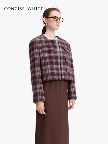 Concise-White Rowling Plaid Pocket Wool Short Coat