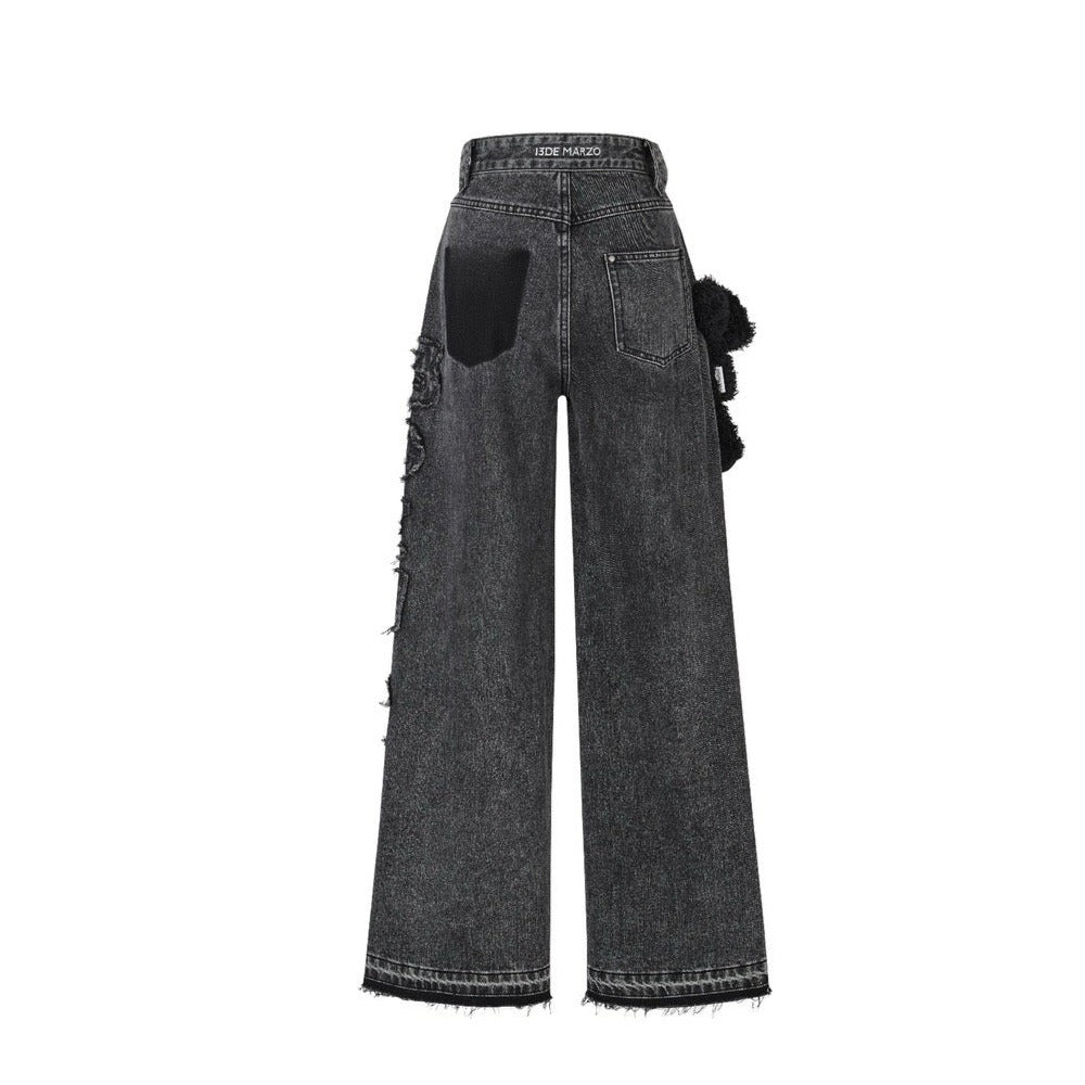 13DE MARZO Bear Slide Hollow Jeans Black