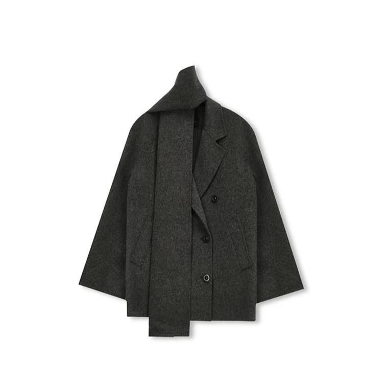 Concise-White Double-Breasted Scarf-Style Wool Coat Dark Grey