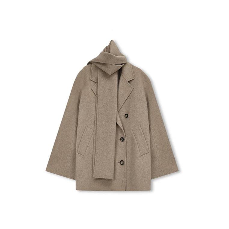 Concise-White Double-Breasted Scarf-Style Wool Coat Camel