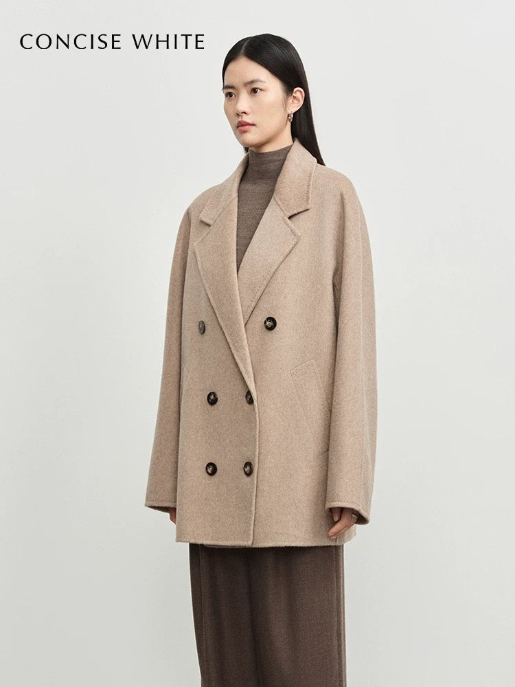 Concise-White Double-Breasted Scarf-Style Wool Coat Camel