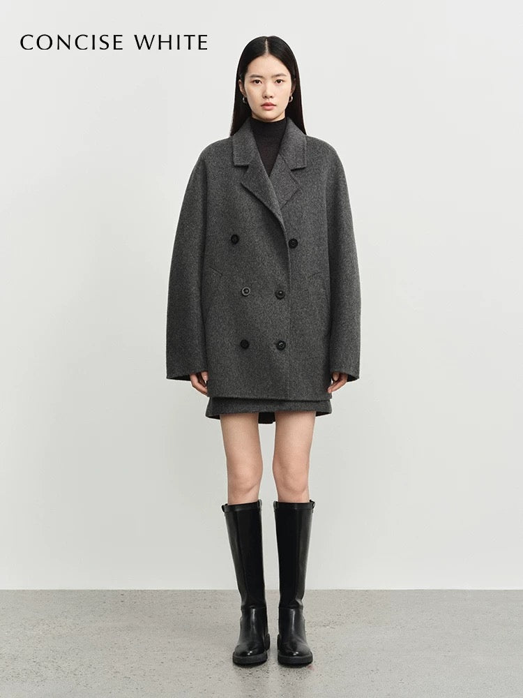 Concise-White Double-Breasted Scarf-Style Wool Coat Dark Grey