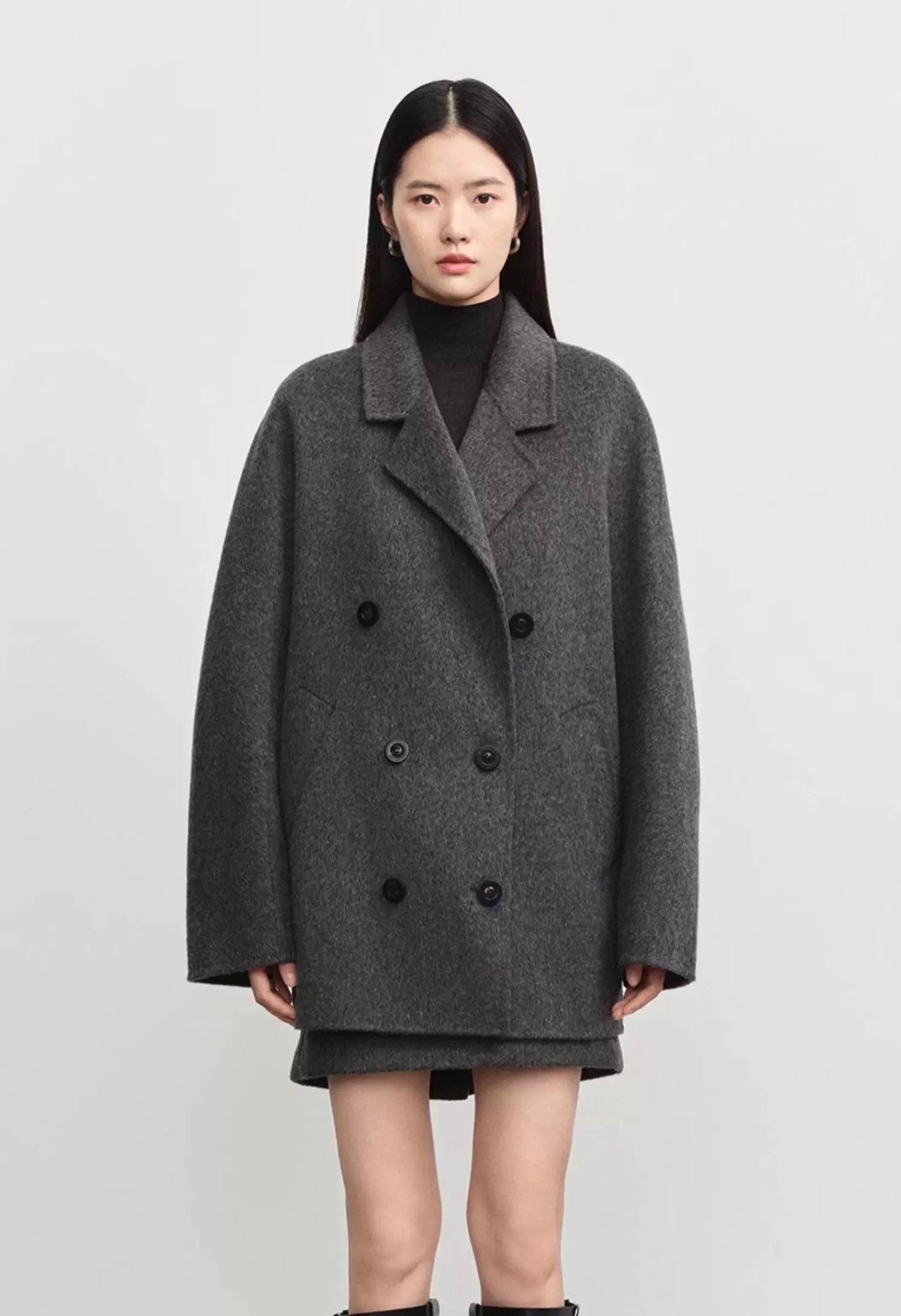 Concise-White Double-Breasted Scarf-Style Wool Coat Dark Grey