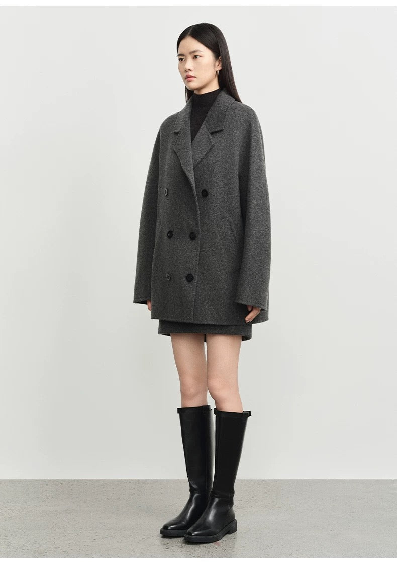 Concise-White Double-Breasted Scarf-Style Wool Coat Dark Grey