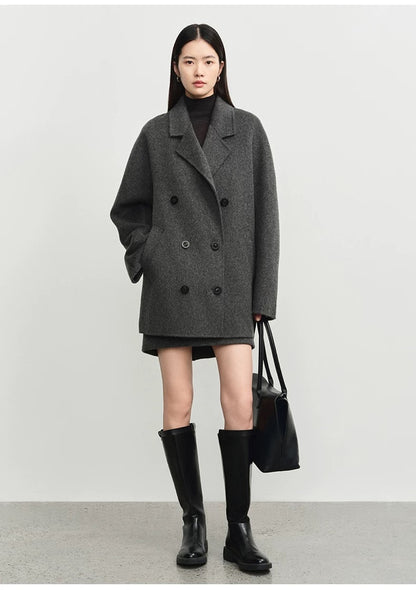 Concise-White Double-Breasted Scarf-Style Wool Coat Dark Grey