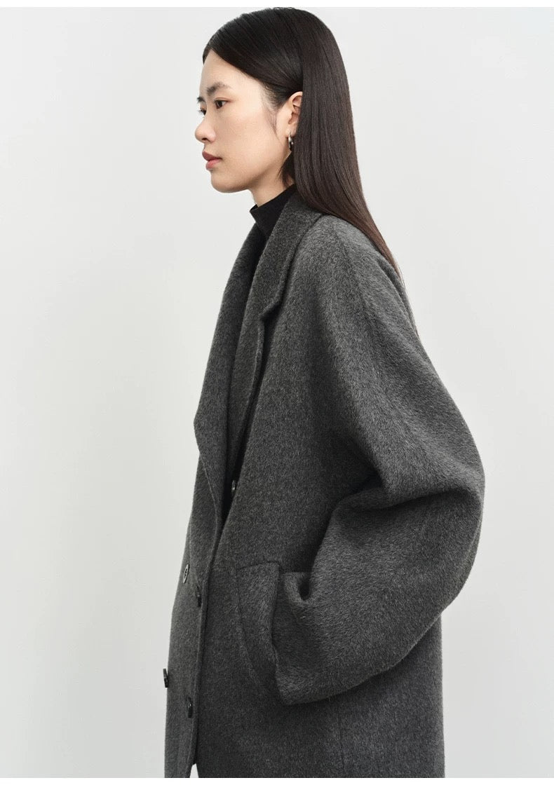 Concise-White Double-Breasted Scarf-Style Wool Coat Dark Grey