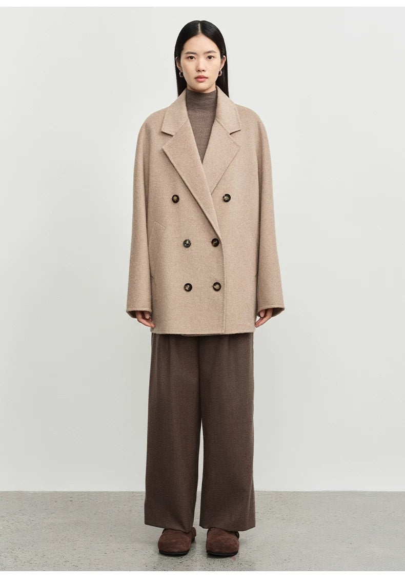 Concise-White Double-Breasted Scarf-Style Wool Coat Camel