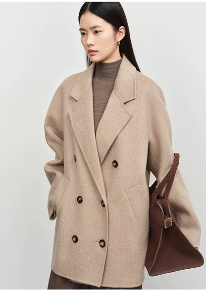 Concise-White Double-Breasted Scarf-Style Wool Coat Camel