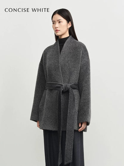 Concise-White Stand-Up Collar Tied Wool Coat Dark Grey