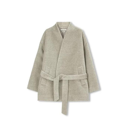 Concise-White Stand-Up Collar Tied Wool Coat Rain Drop