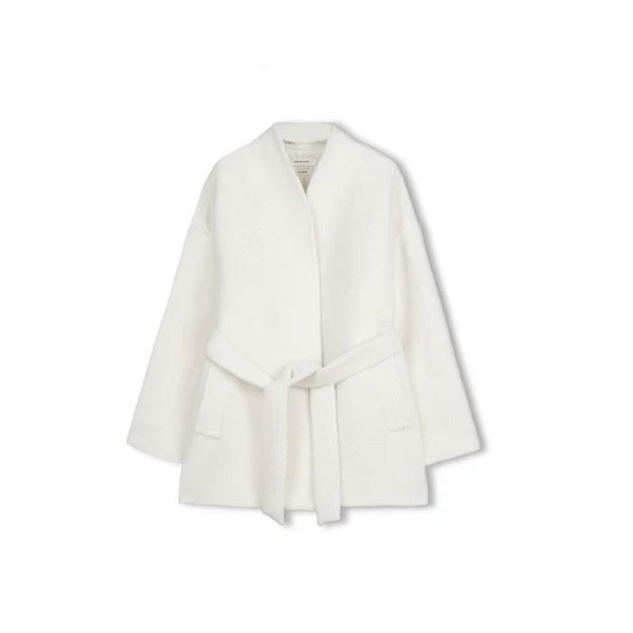 Concise-White Stand-Up Collar Tied Wool Coat White