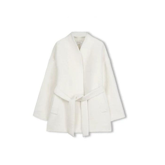 Concise-White Stand-Up Collar Tied Wool Coat White