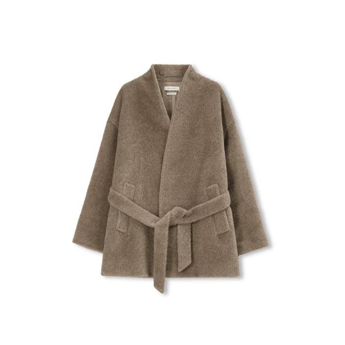 Concise-White Stand-Up Collar Tied Wool Coat Camel