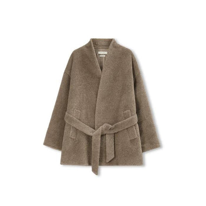 Concise-White Stand-Up Collar Tied Wool Coat Camel