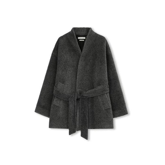 Concise-White Stand-Up Collar Tied Wool Coat Dark Grey