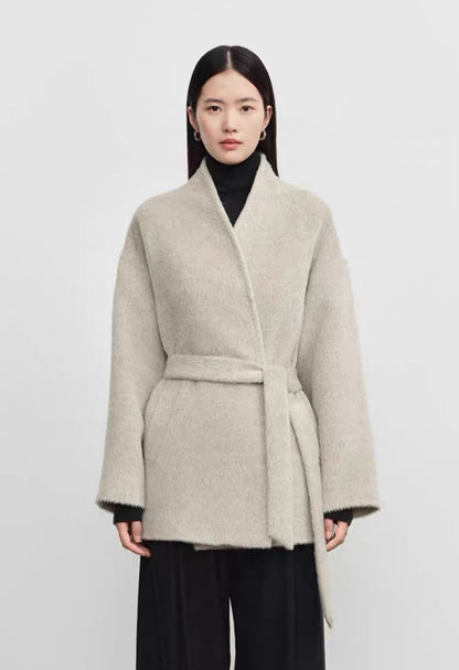 Concise-White Stand-Up Collar Tied Wool Coat Rain Drop