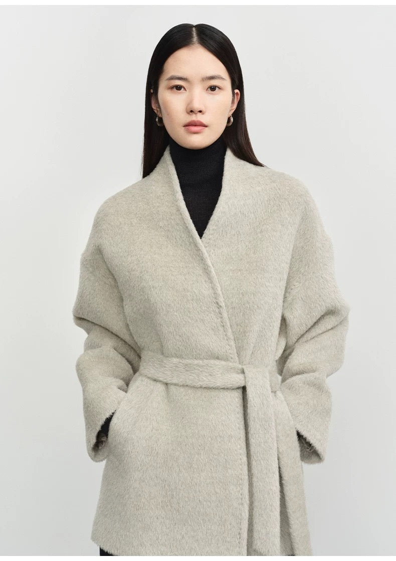 Concise-White Stand-Up Collar Tied Wool Coat Rain Drop