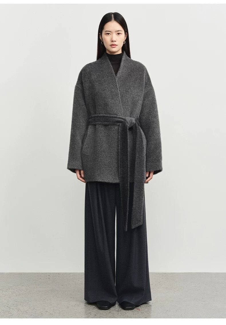 Concise-White Stand-Up Collar Tied Wool Coat Dark Grey