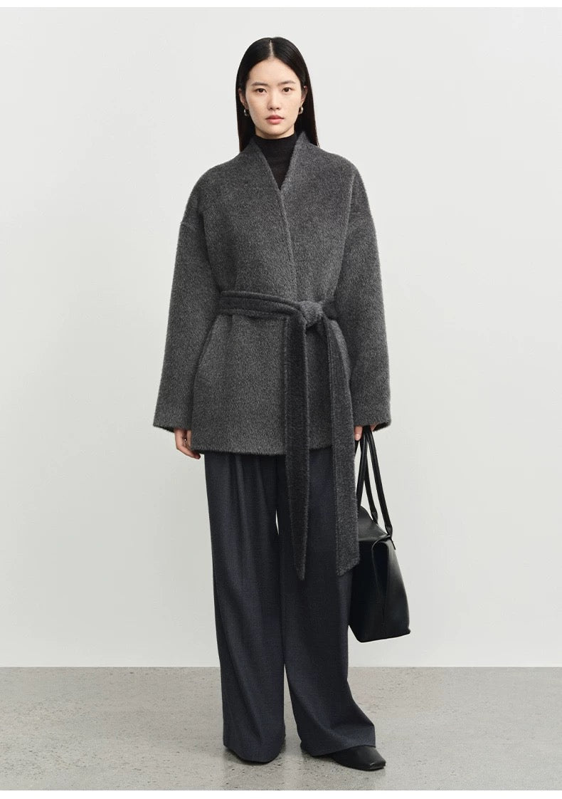 Concise-White Stand-Up Collar Tied Wool Coat Dark Grey