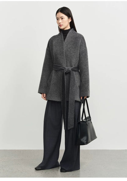 Concise-White Stand-Up Collar Tied Wool Coat Dark Grey