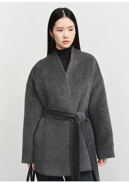 Concise-White Stand-Up Collar Tied Wool Coat Dark Grey