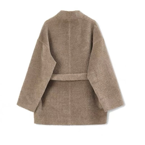 Concise-White Stand-Up Collar Tied Wool Coat Camel