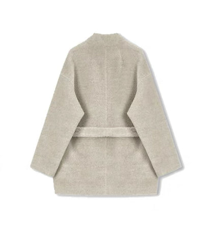 Concise-White Stand-Up Collar Tied Wool Coat Rain Drop