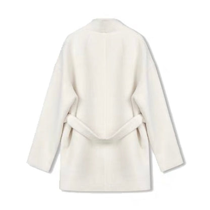 Concise-White Stand-Up Collar Tied Wool Coat White