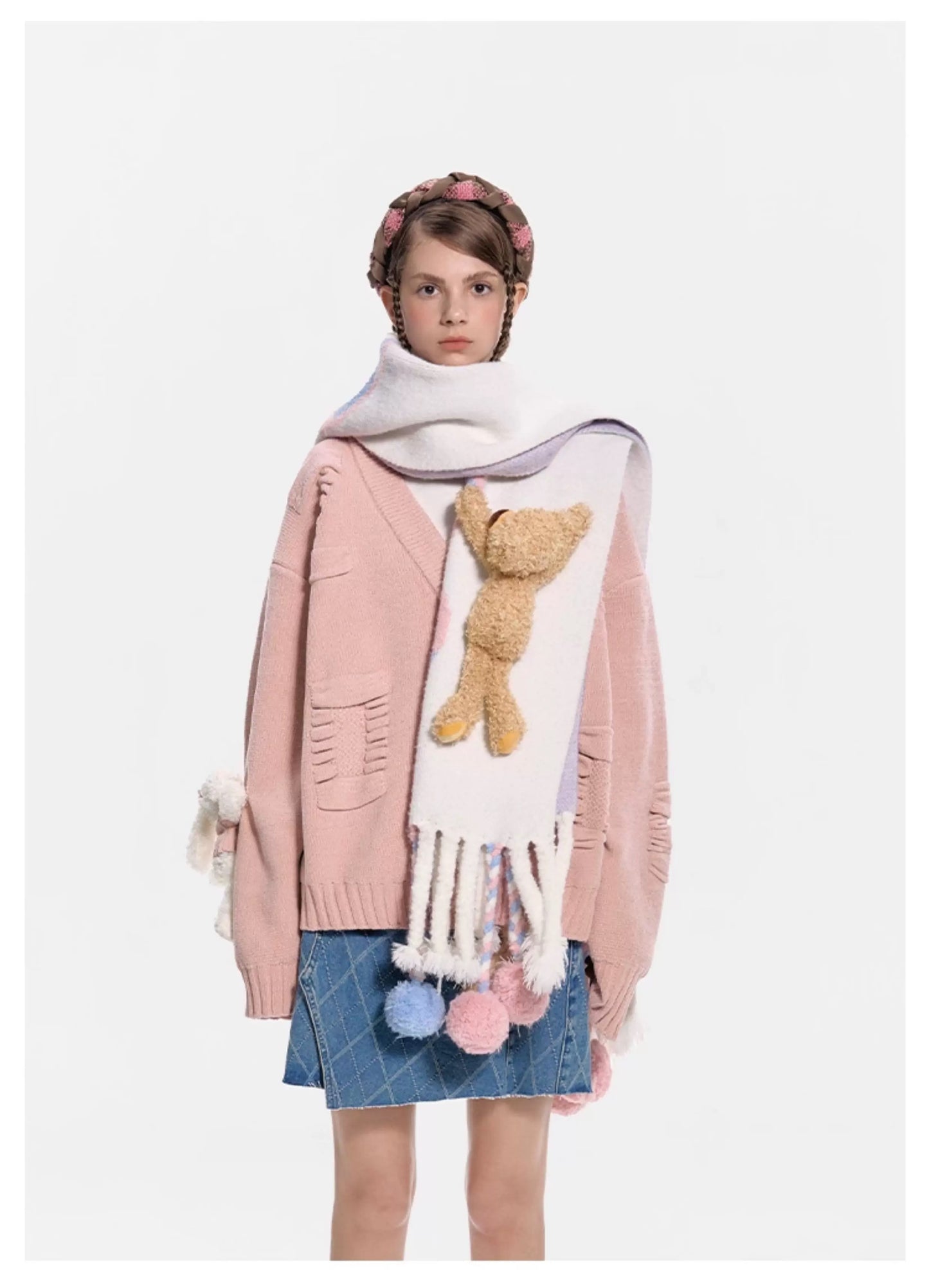 13DE MARZO Weave Knit Ball Scarf White