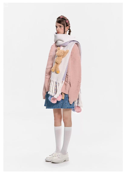 13DE MARZO Weave Knit Ball Scarf White