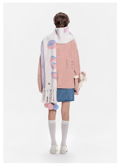 13DE MARZO Weave Knit Ball Scarf White