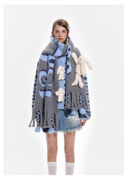 13DE MARZO Weave Knit Ball Scarf Grey