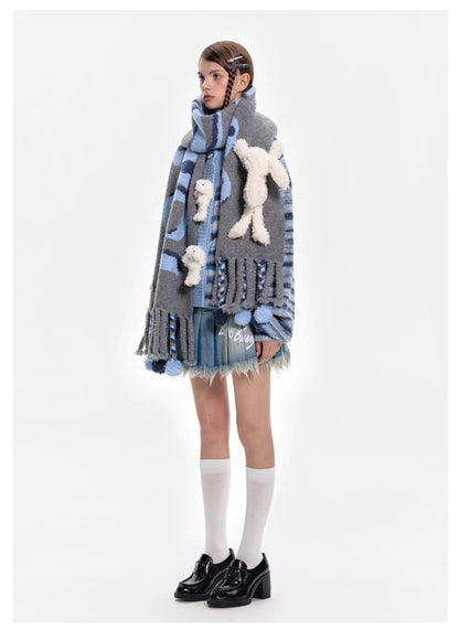 13DE MARZO Weave Knit Ball Scarf Grey