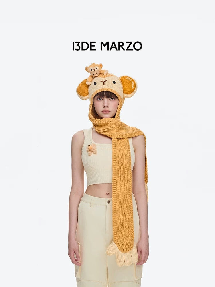 13DE MARZO Monkey Bear Beanie Scarf Yellow