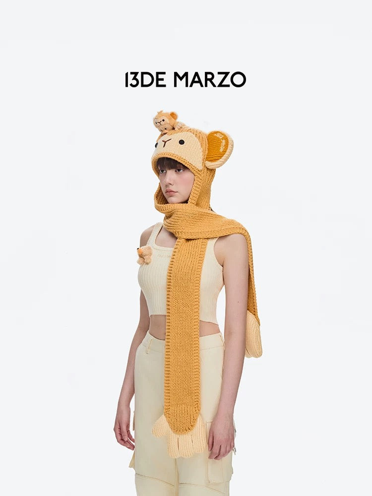 13DE MARZO Monkey Bear Beanie Scarf Yellow