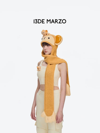 13DE MARZO Monkey Bear Beanie Scarf Yellow