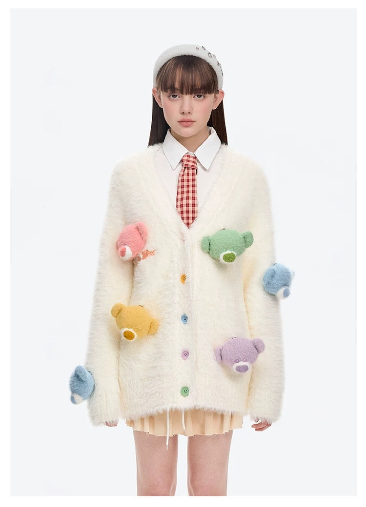 13DE MARZO Doozoo Pastel Bear Cardigan White