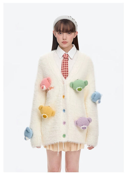 13DE MARZO Doozoo Pastel Bear Cardigan White