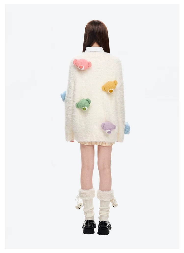 13DE MARZO Doozoo Pastel Bear Cardigan White