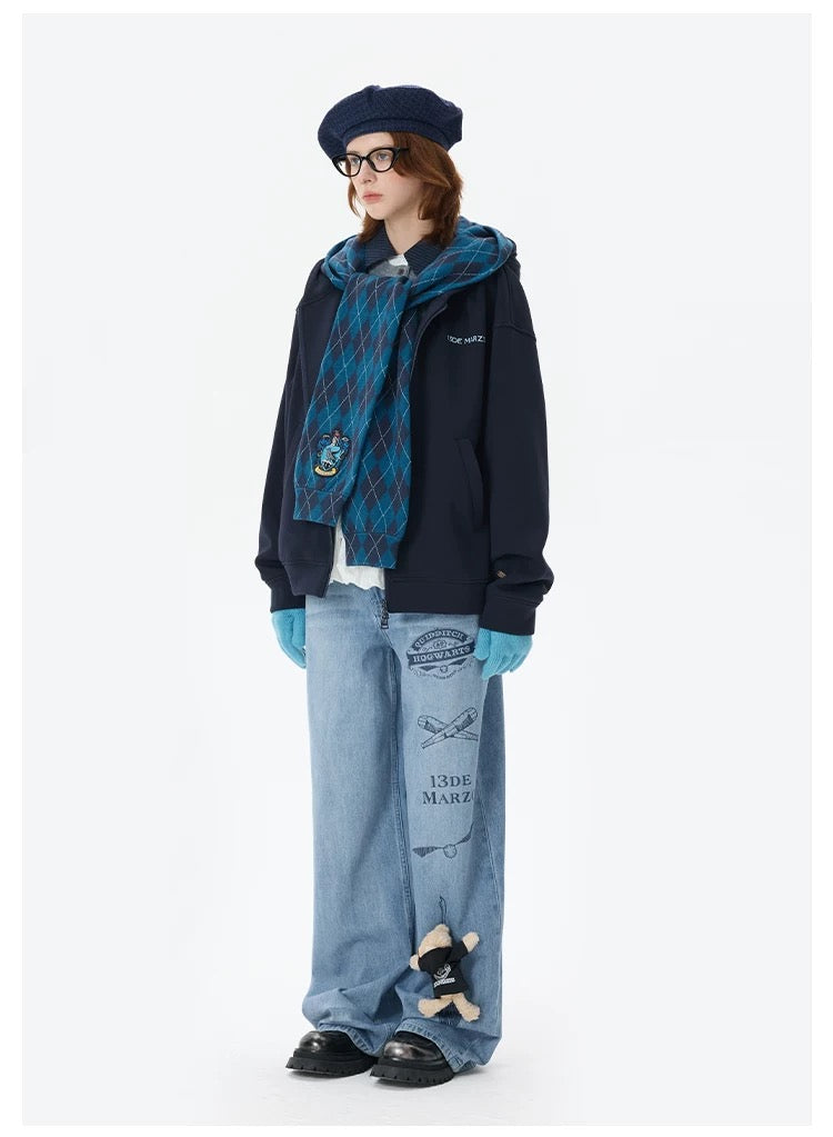 Harry Potter × 13DE MARZO Hogwarts Four Houses Bear Zipper Hoodie Ravenclaw Blue