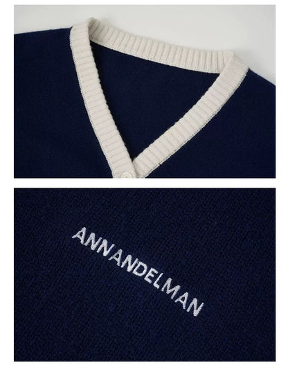 Ann Andelman Navy Contrast Color V-neck Wool Cardigan