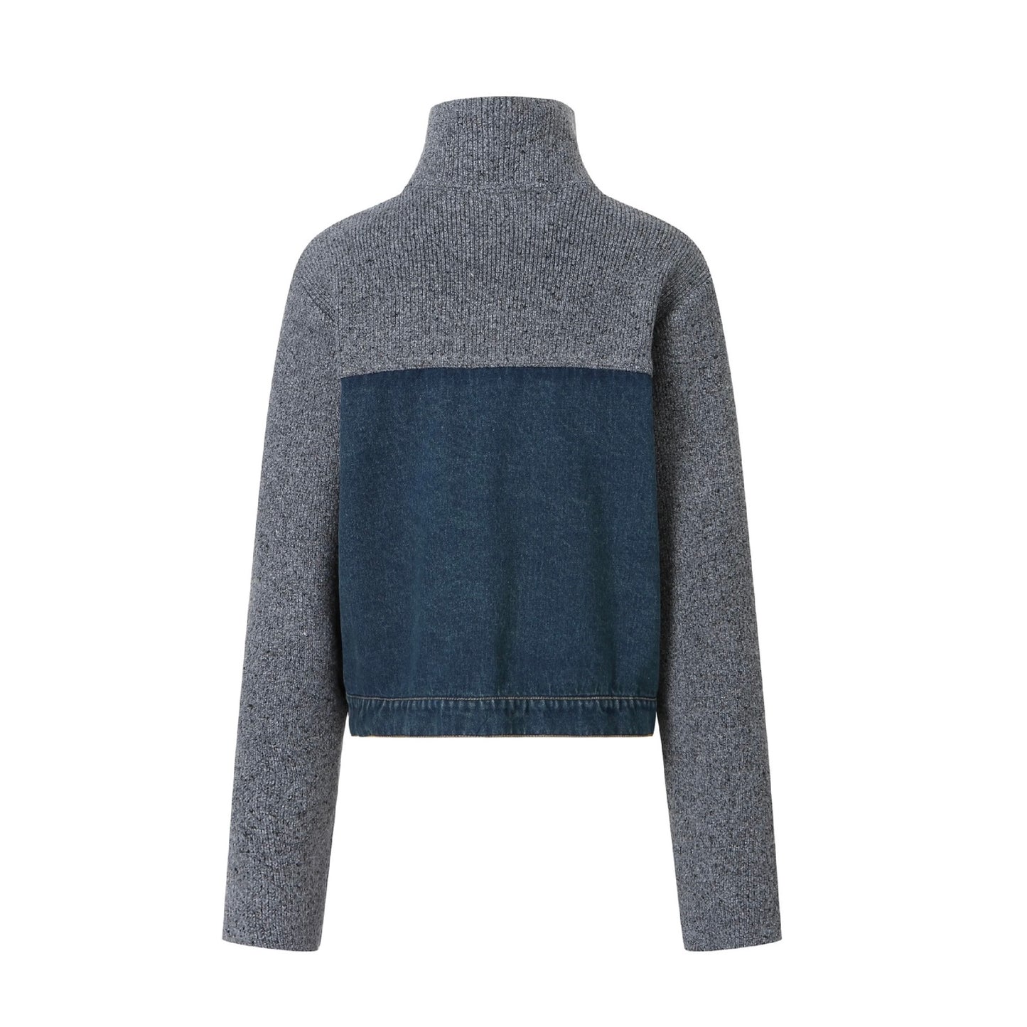 Jac Fleurant Denim Patchwork Knitted Stand-Collar Jacket