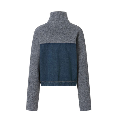Jac Fleurant Denim Patchwork Knitted Stand-Collar Jacket