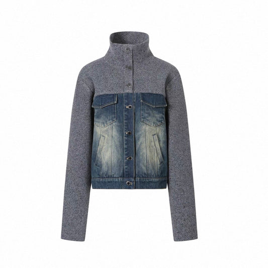 Jac Fleurant Denim Patchwork Knitted Stand-Collar Jacket