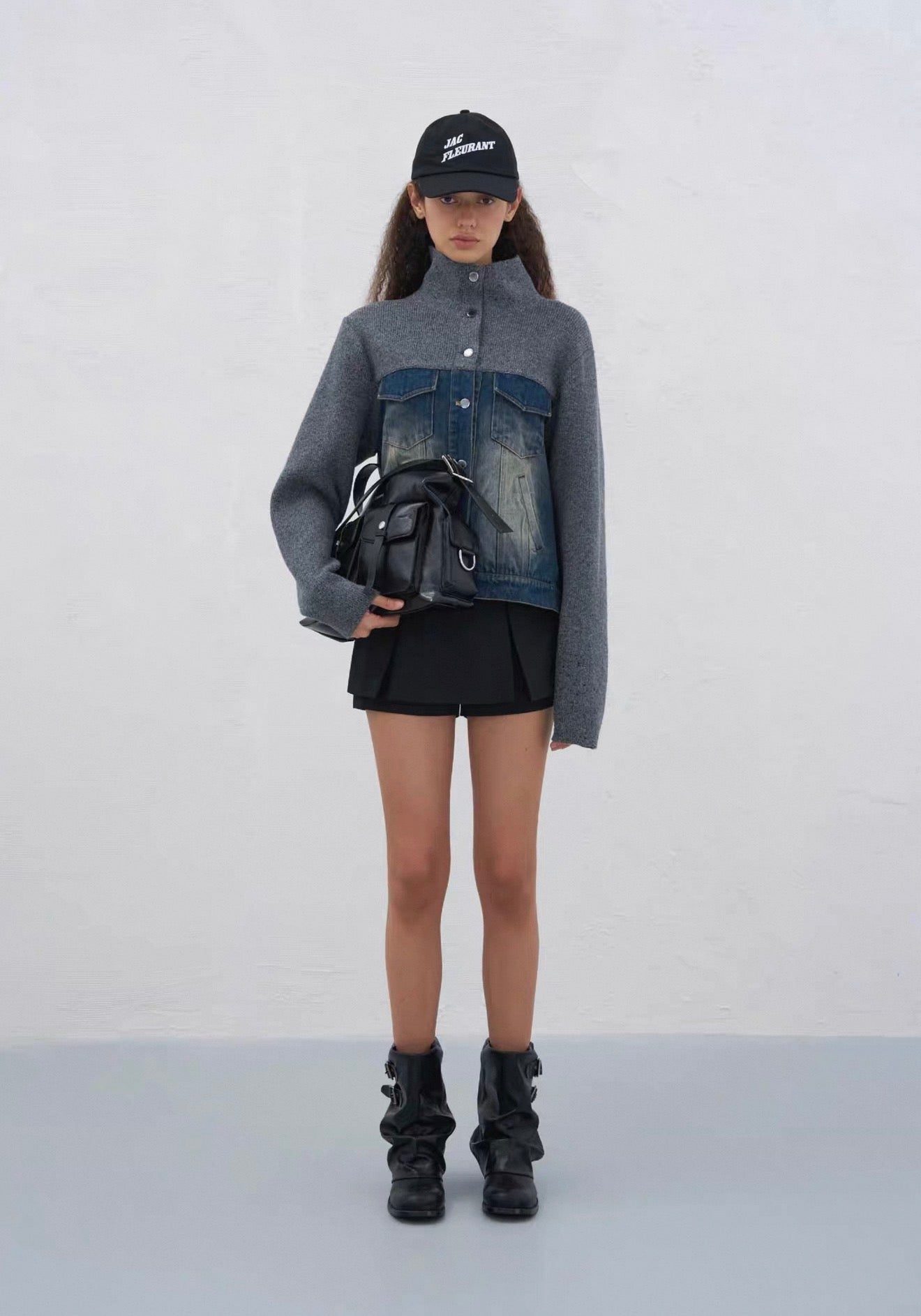 Jac Fleurant Denim Patchwork Knitted Stand-Collar Jacket