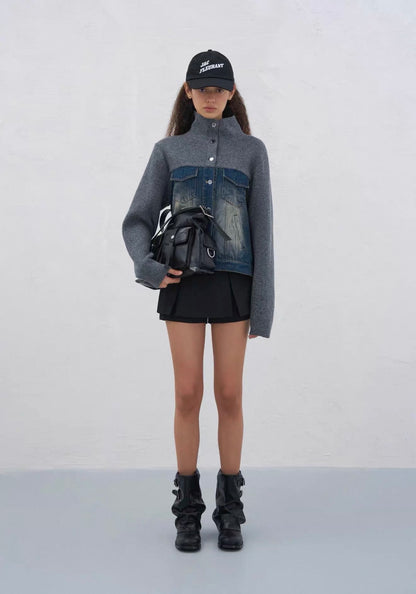 Jac Fleurant Denim Patchwork Knitted Stand-Collar Jacket