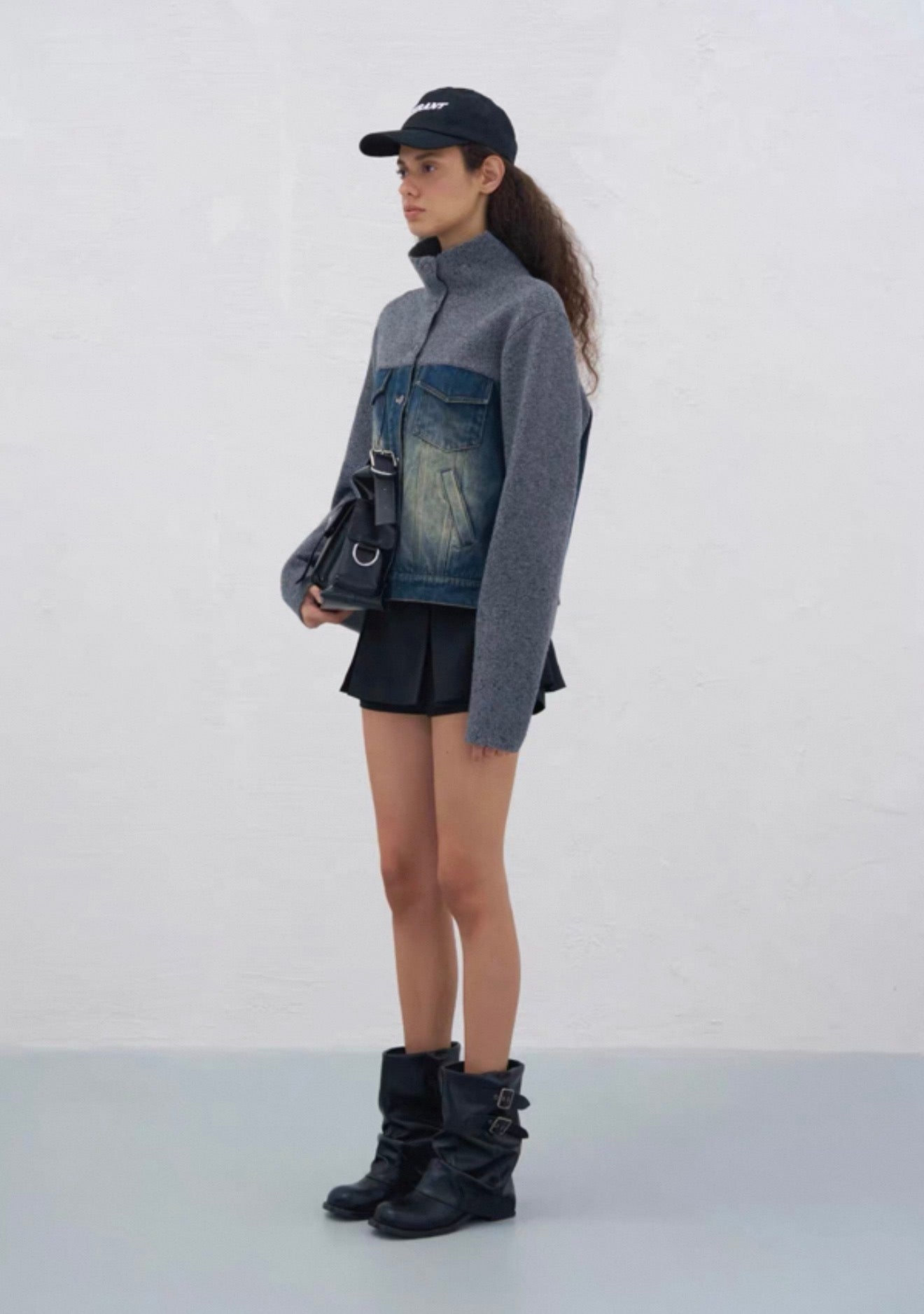 Jac Fleurant Denim Patchwork Knitted Stand-Collar Jacket